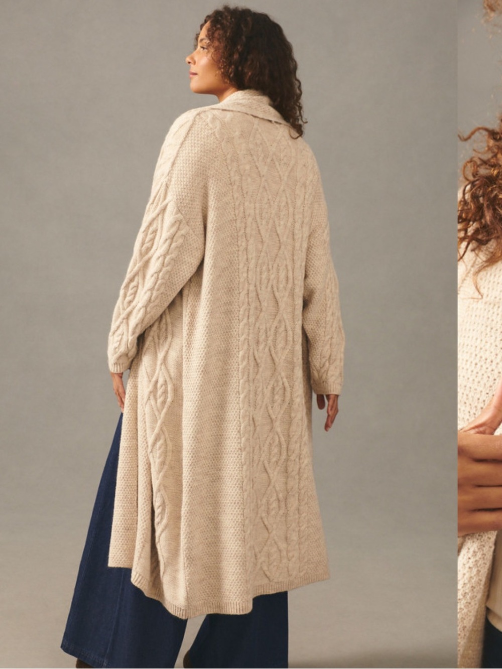 Cable-Knit Longline Cardigan Cable Knit Open-Front Cardigan Beige Sweater
